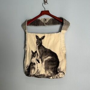 Vintage Handcrafted Wool Blanket Tote‎ Bag Upcycled Kangaroo Graphic Artisanal